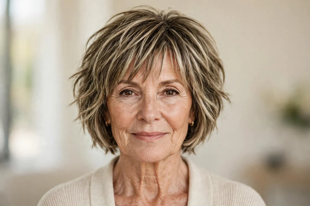 Woman over 50 with a rounded bob haircut for thick hair.