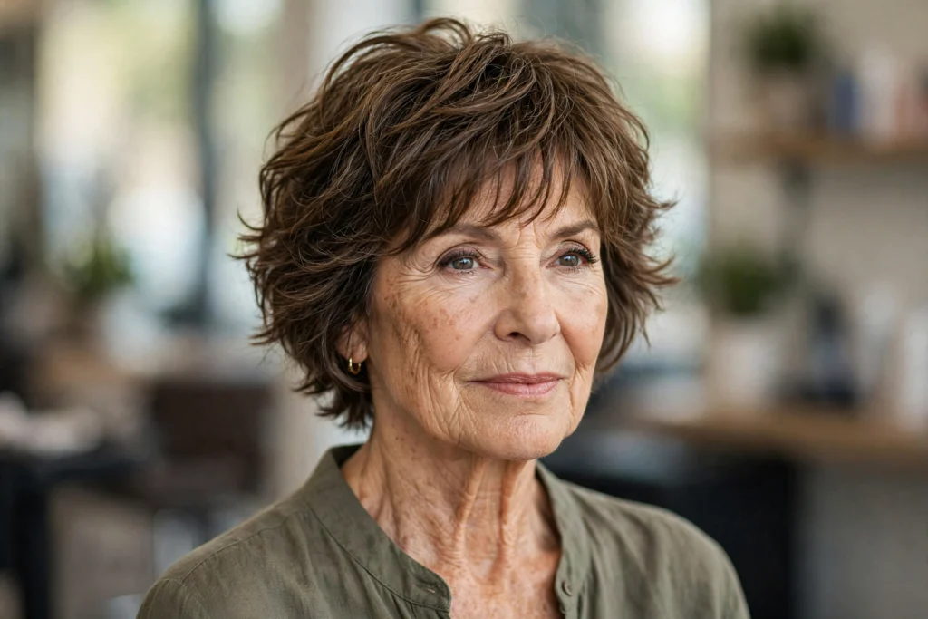Woman over 50 with a short shag haircut for thick hair.