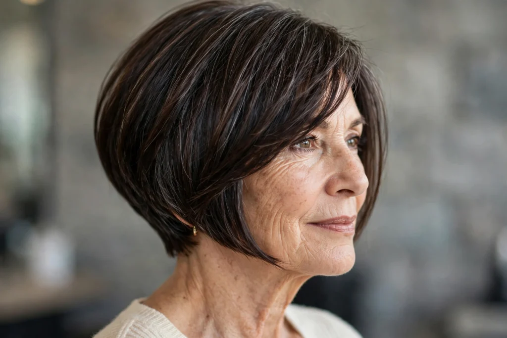 Woman over 50 with a short wavy bob haircut for thick hair.
