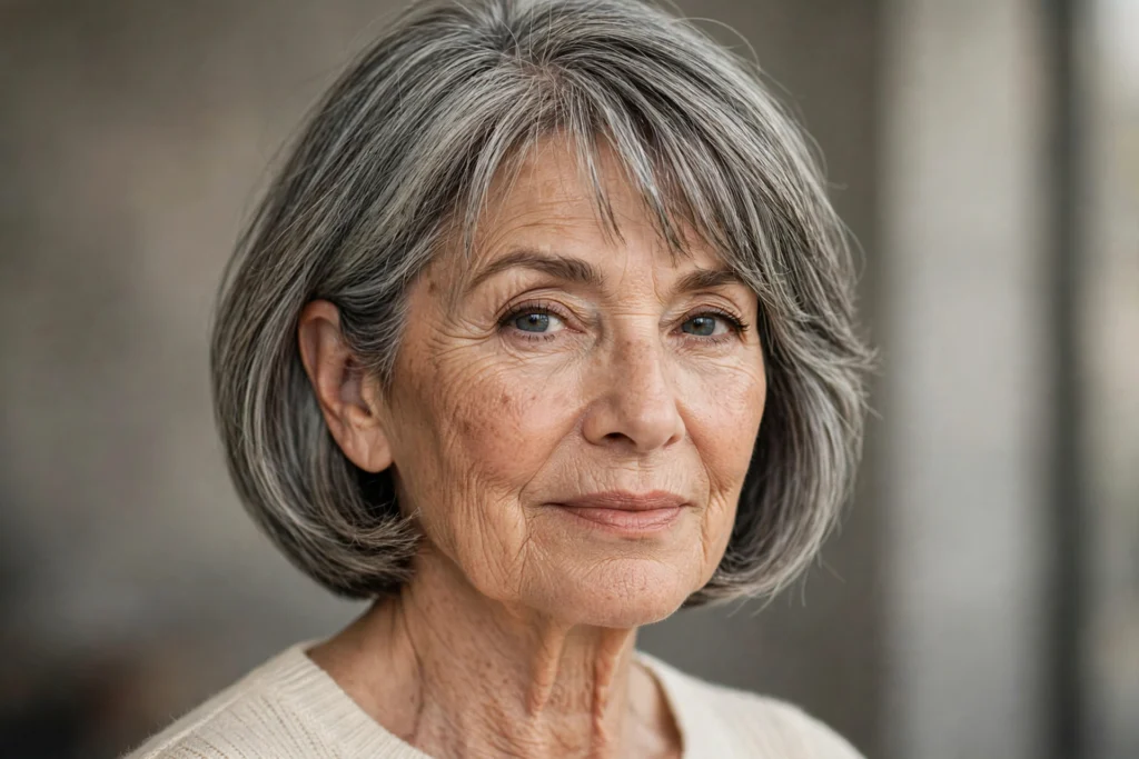 Woman over 50 with a side-parted bixie haircut for thick hair.