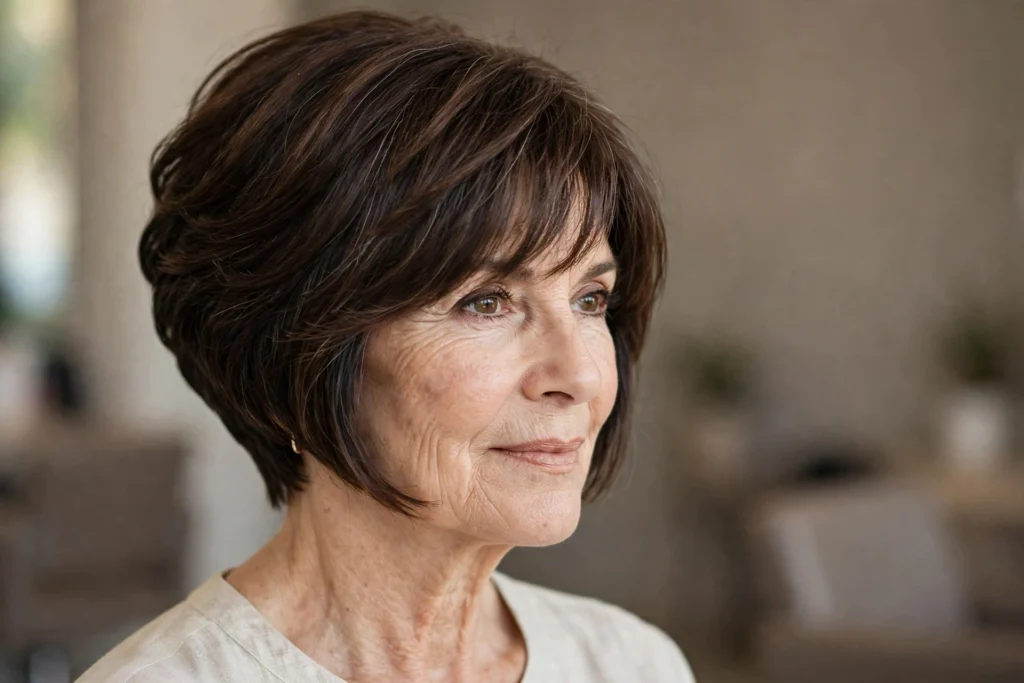 Woman over 50 with a side-swept pixie haircut for thick hair.