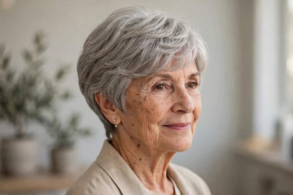 Woman over 50 with a soft bowl-shaped pixie haircut for thick hair.