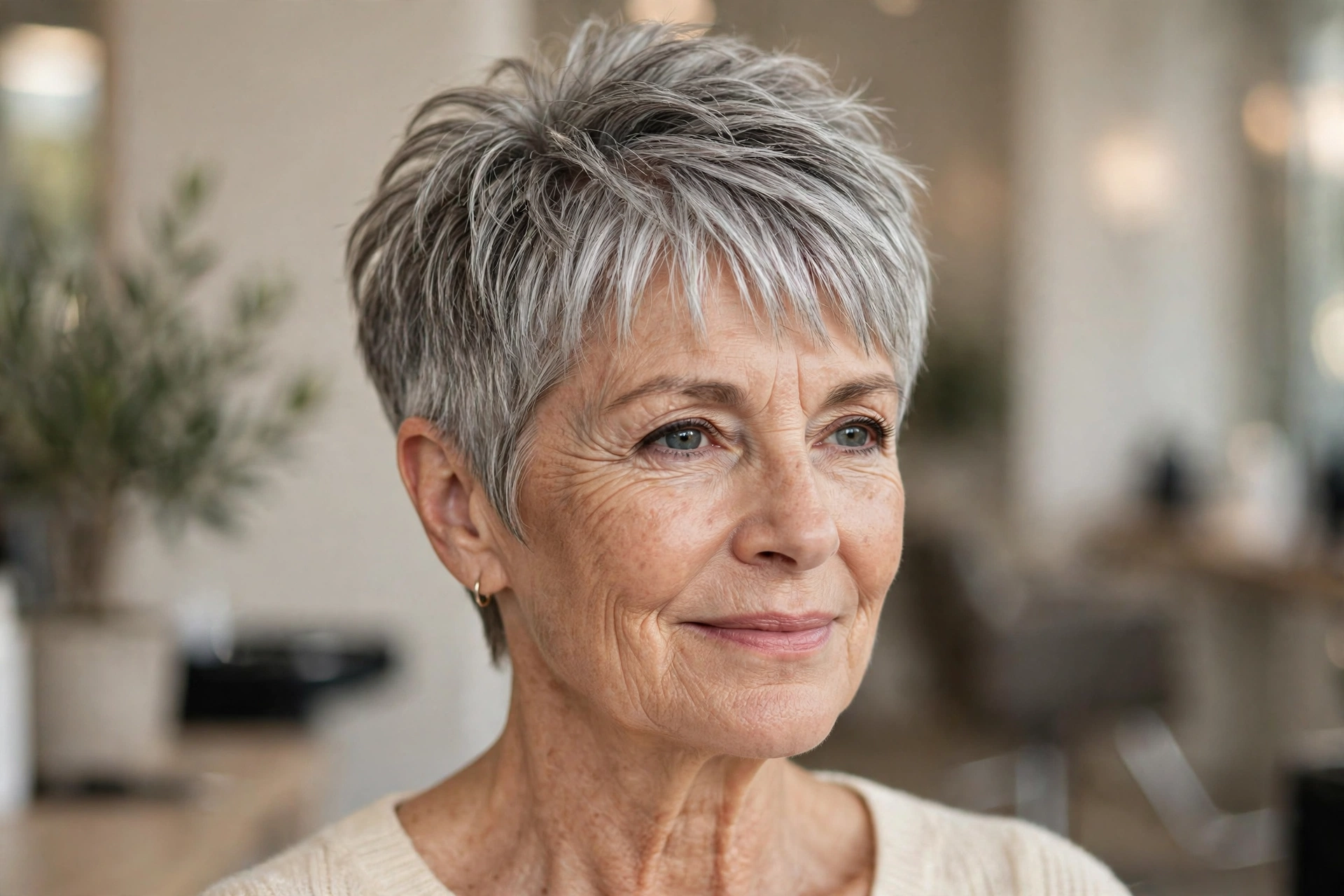 Woman over 50 with a stacked bob haircut for thick hair.