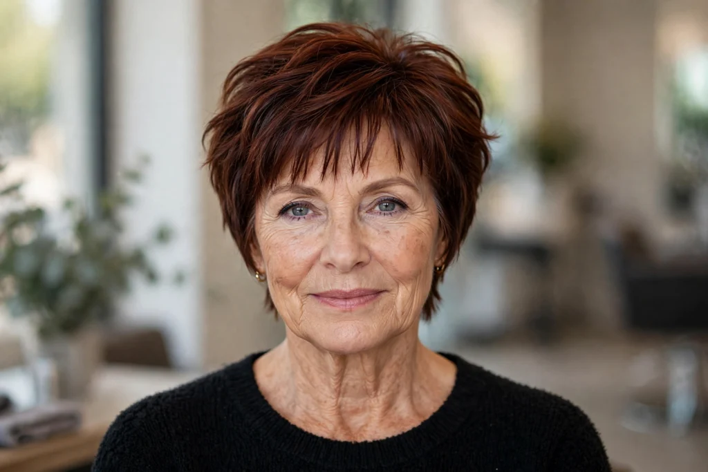 Woman over 50 with a swept-back pixie haircut for thick hair.