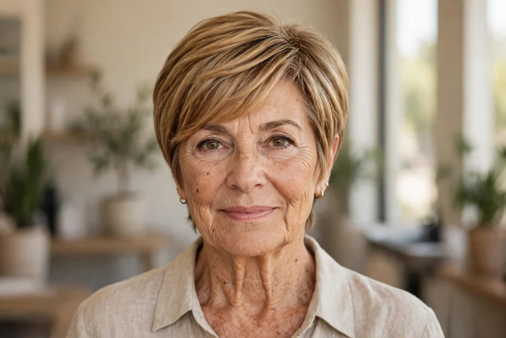 Woman over 50 with a tapered short crop for thick hair.