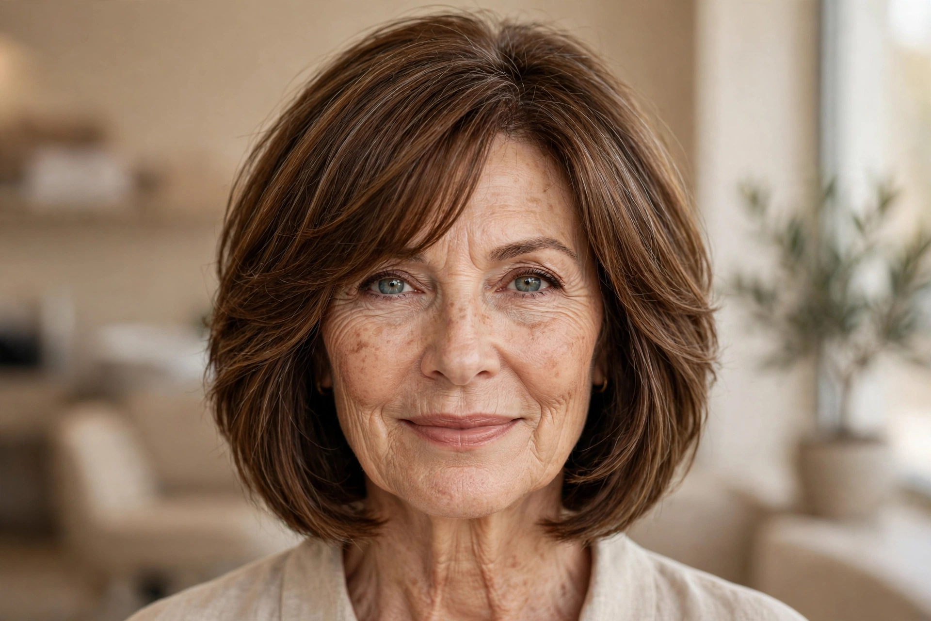 Woman over 50 with a textured pixie haircut for thick hair.