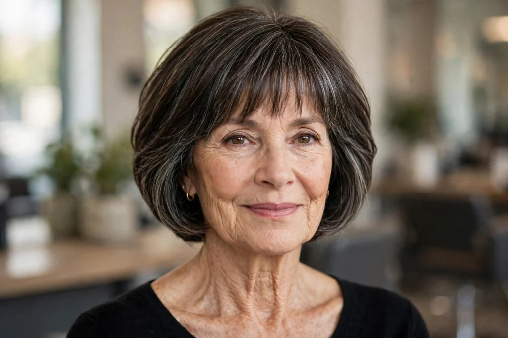 Woman over 50 with a modern undercut pixie haircut for thick hair.