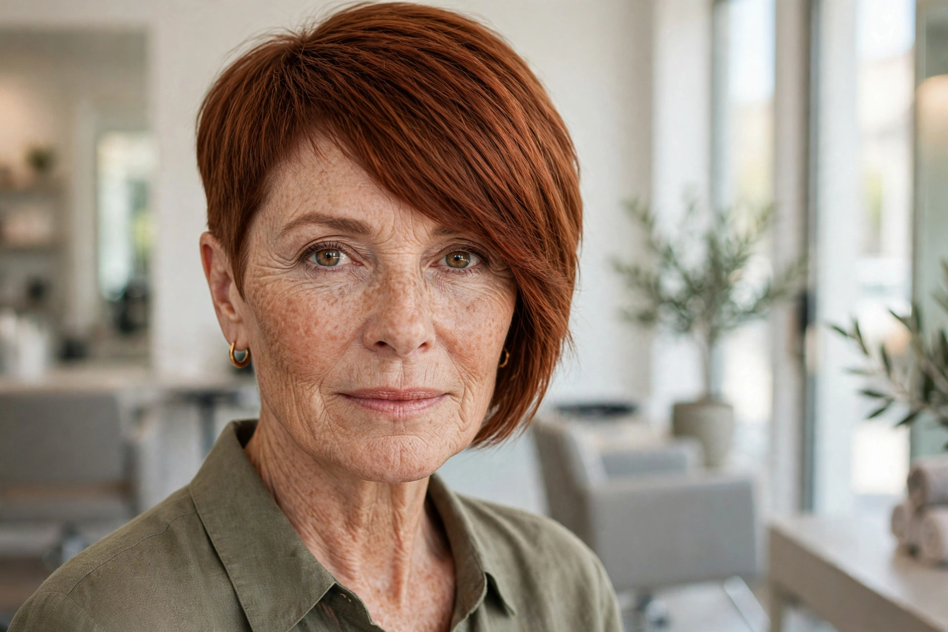 Woman over 50 with a copper asymmetrical pixie and longer side fringe