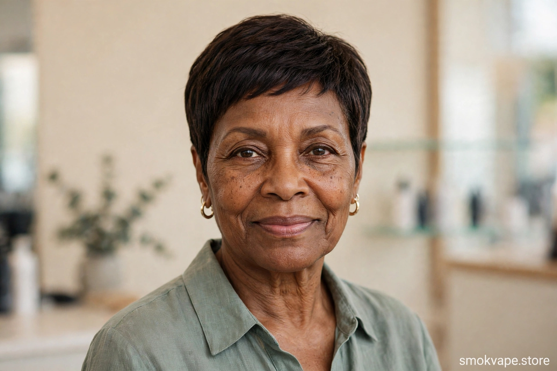Woman over 60 with a neat classic tapered pixie haircut