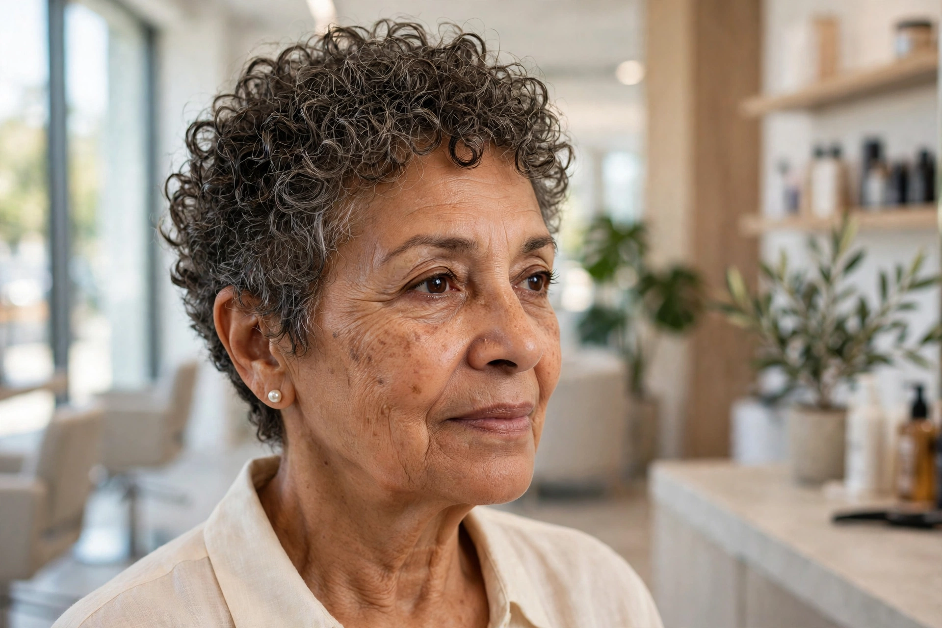 Woman over 60 with a short naturally curly salt-and-pepper pixie