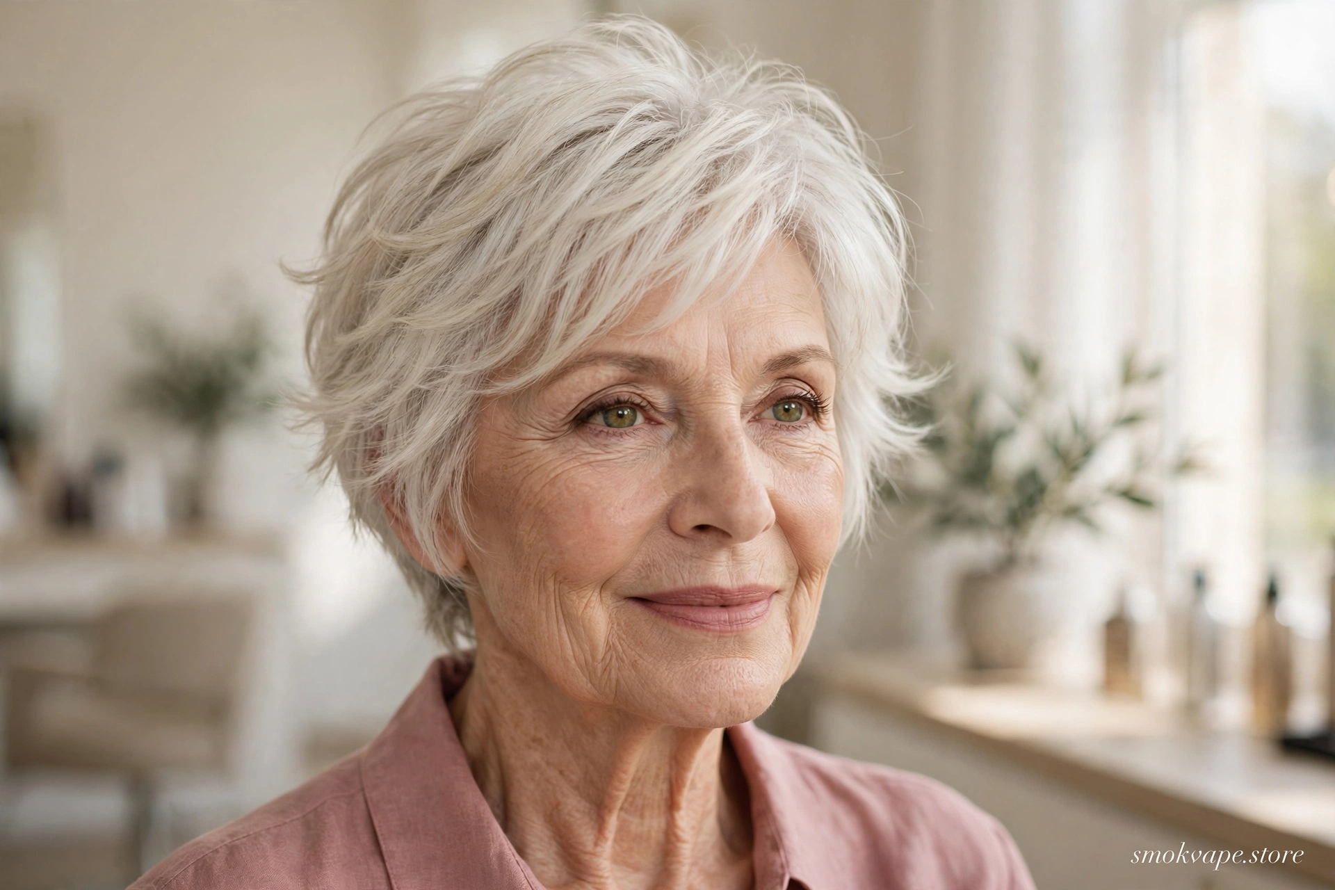 Woman over 65 with a feathered white-blonde pixie haircut