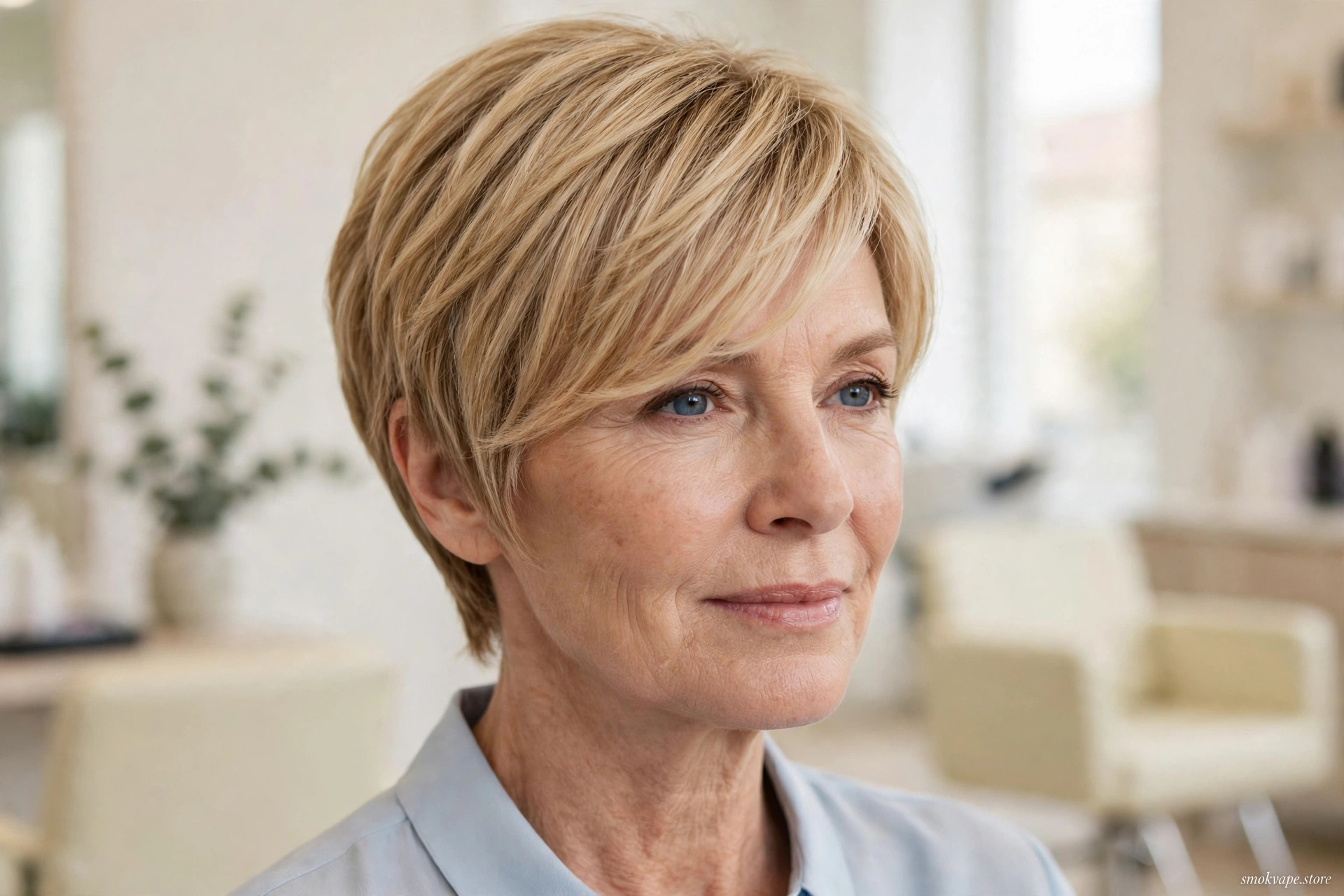 Woman in her 50s with a honey-blonde long pixie and side-swept fringe