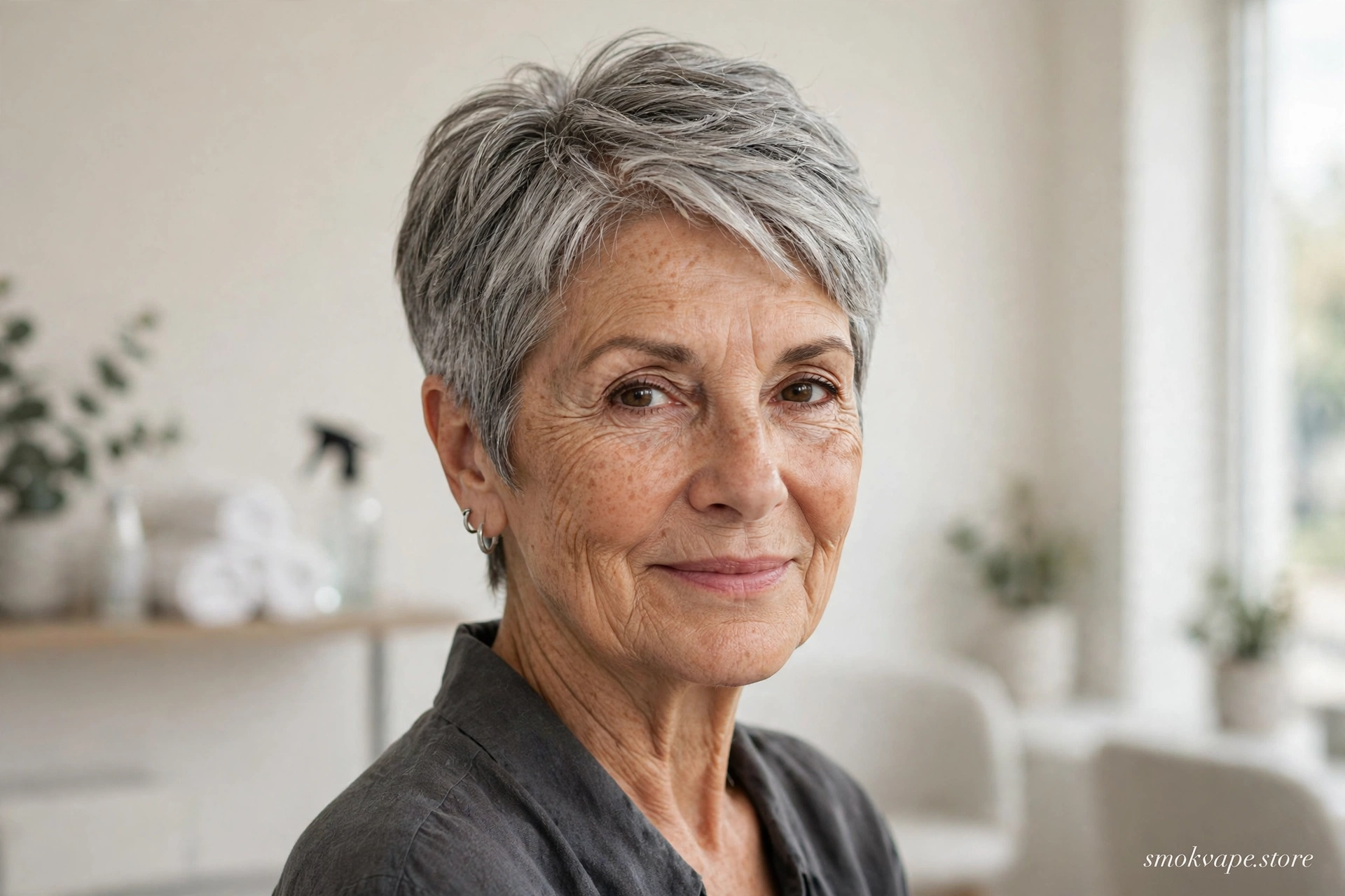 Woman in her 70s with a natural silver-gray pixie haircut