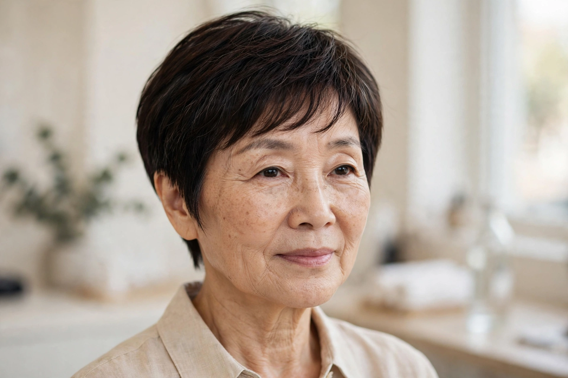 East Asian woman over 50 with a dark pixie cut and wispy bangs