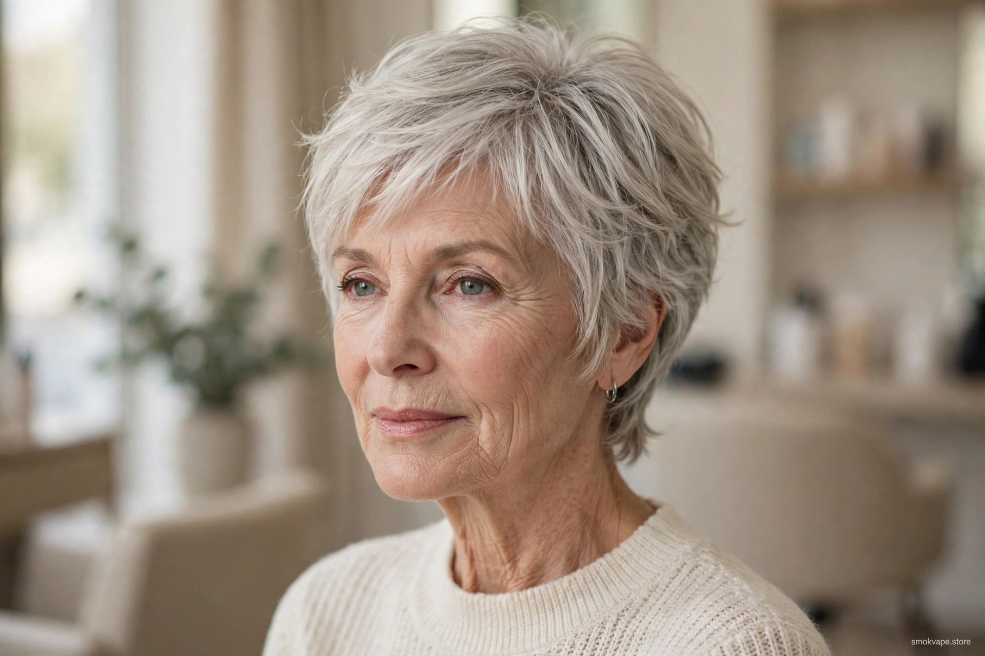 Mature woman with a soft layered silver-blonde pixie haircut