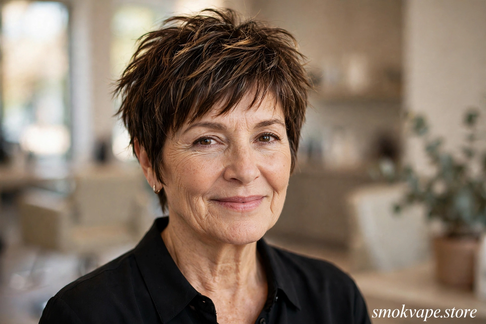 Woman over 50 with a choppy brunette textured pixie crop