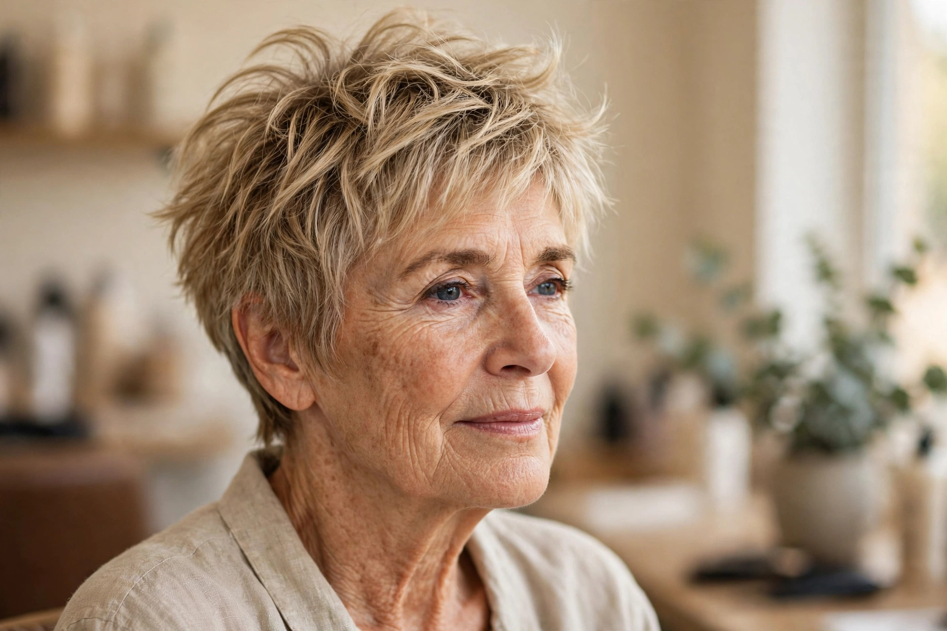 Woman over 60 with a tousled sandy-blonde bedhead pixie haircut