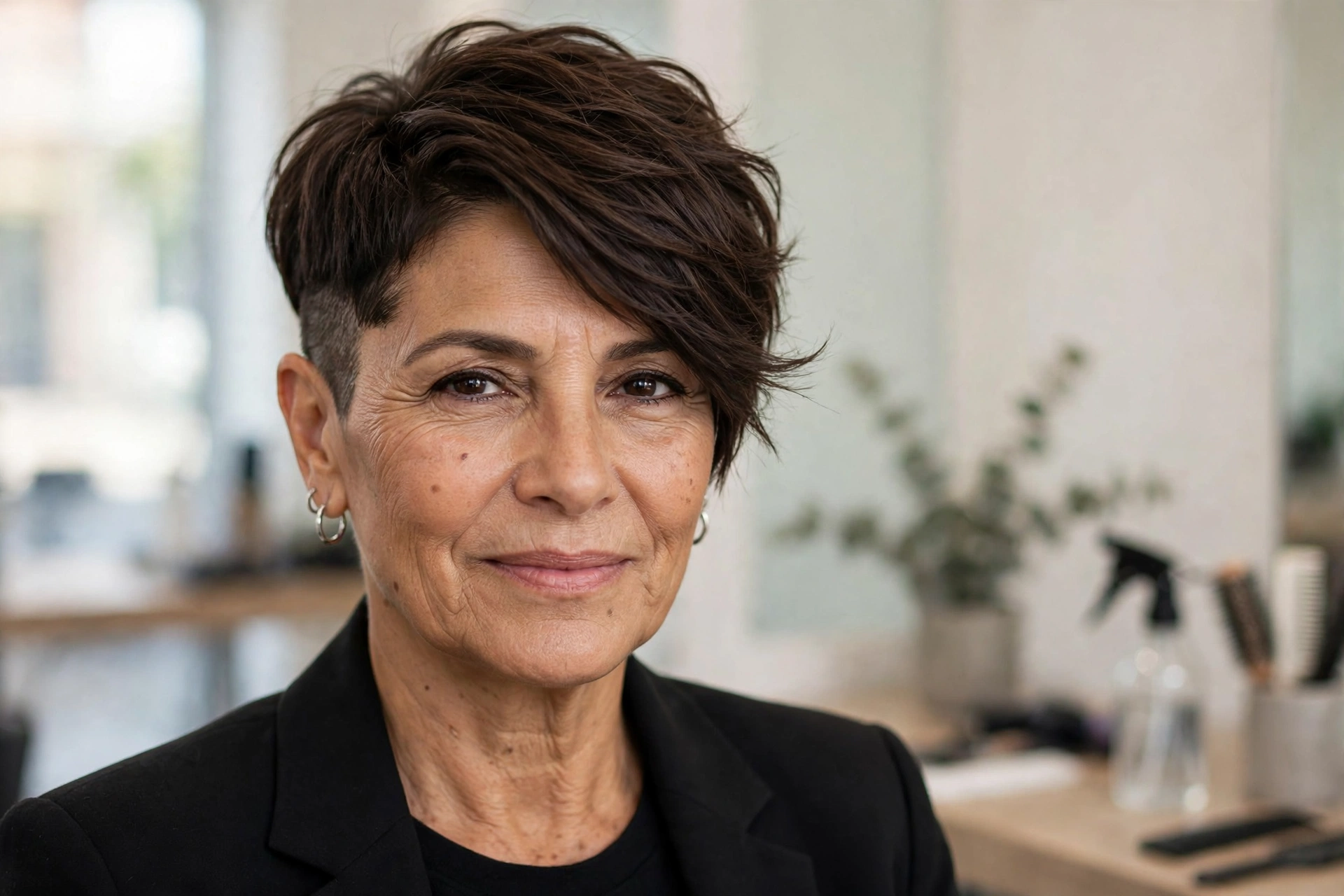 Woman in her 50s with a modern dark brunette undercut pixie haircut