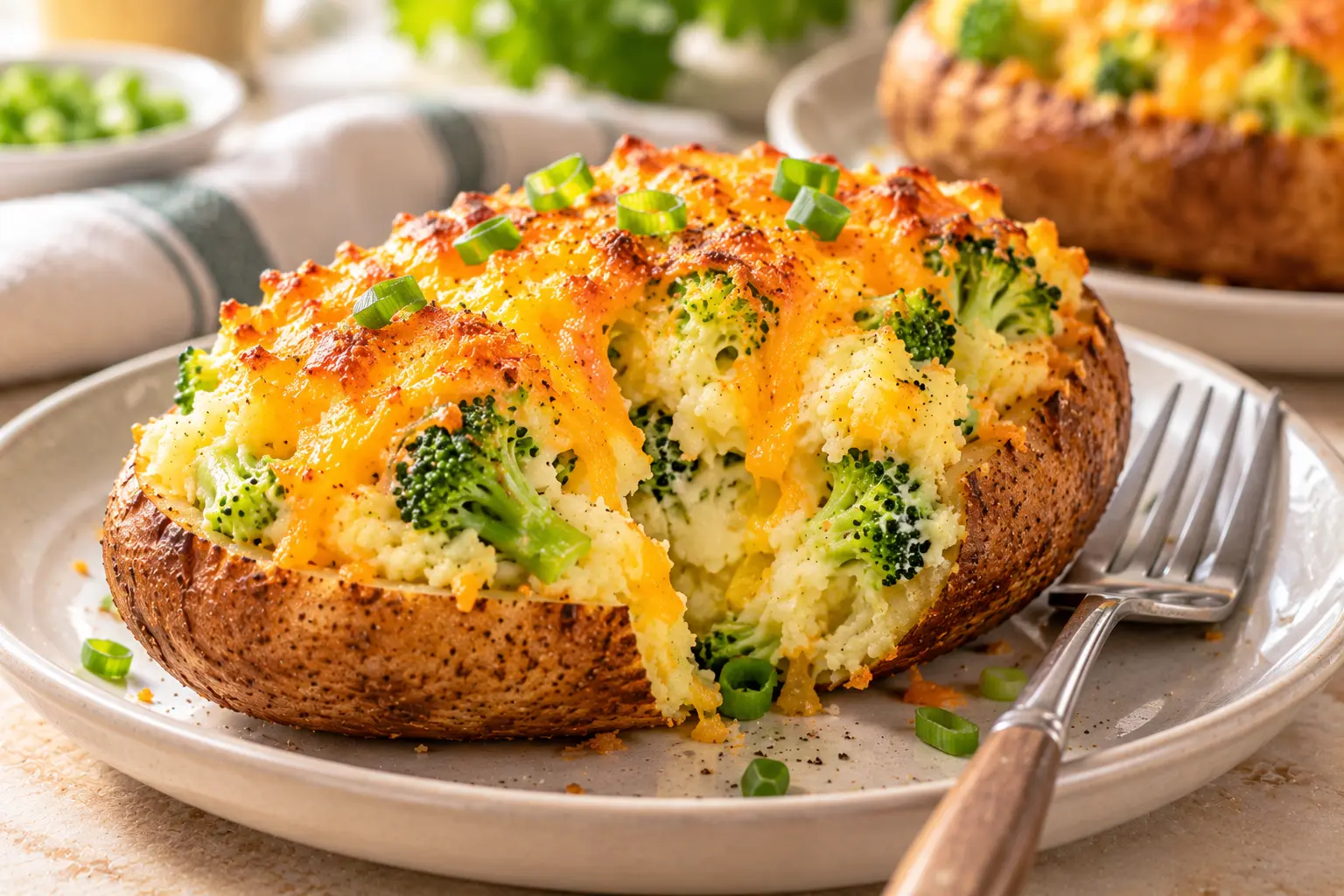 Close-up of a twice-baked potato with creamy broccoli cheddar filling and melted cheese