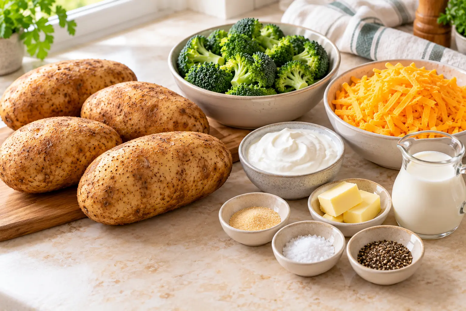 Broccoli, shredded cheddar, russet potatoes, sour cream, butter, and seasonings for twice-baked potatoes