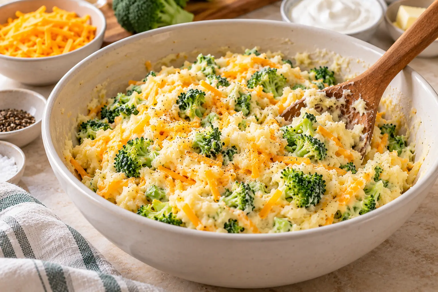 Creamy mashed potato filling mixed with chopped broccoli and shredded cheddar