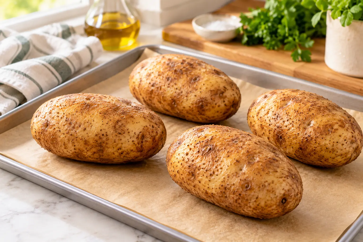 Whole russet potatoes arranged on a baking tray before baking