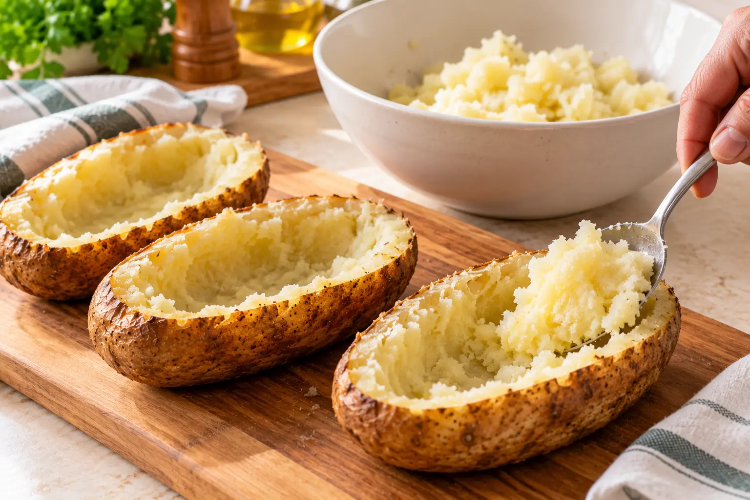 Fluffy baked potato centers being scooped out while the skins remain intact
