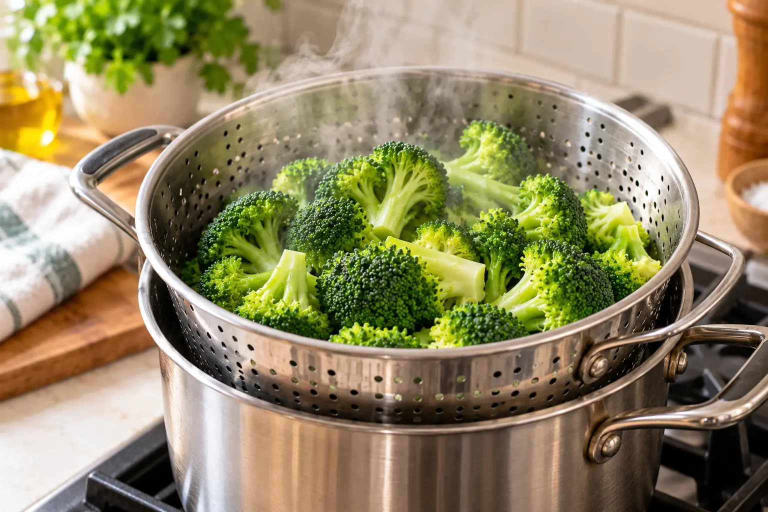 Fresh broccoli florets steaming until just tender