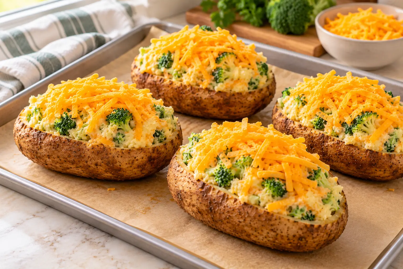 Potato shells filled with broccoli cheddar mixture and topped with shredded cheese before the second bake