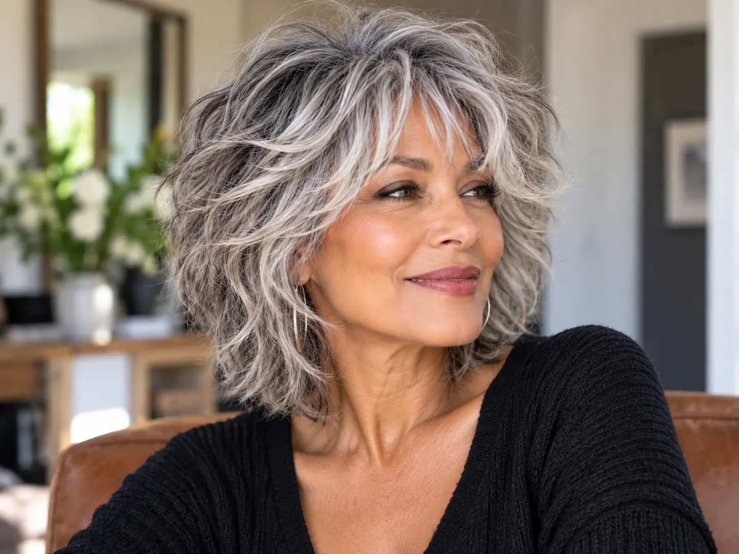 Collarbone-length modern shag haircut with soft movement for a woman over 50