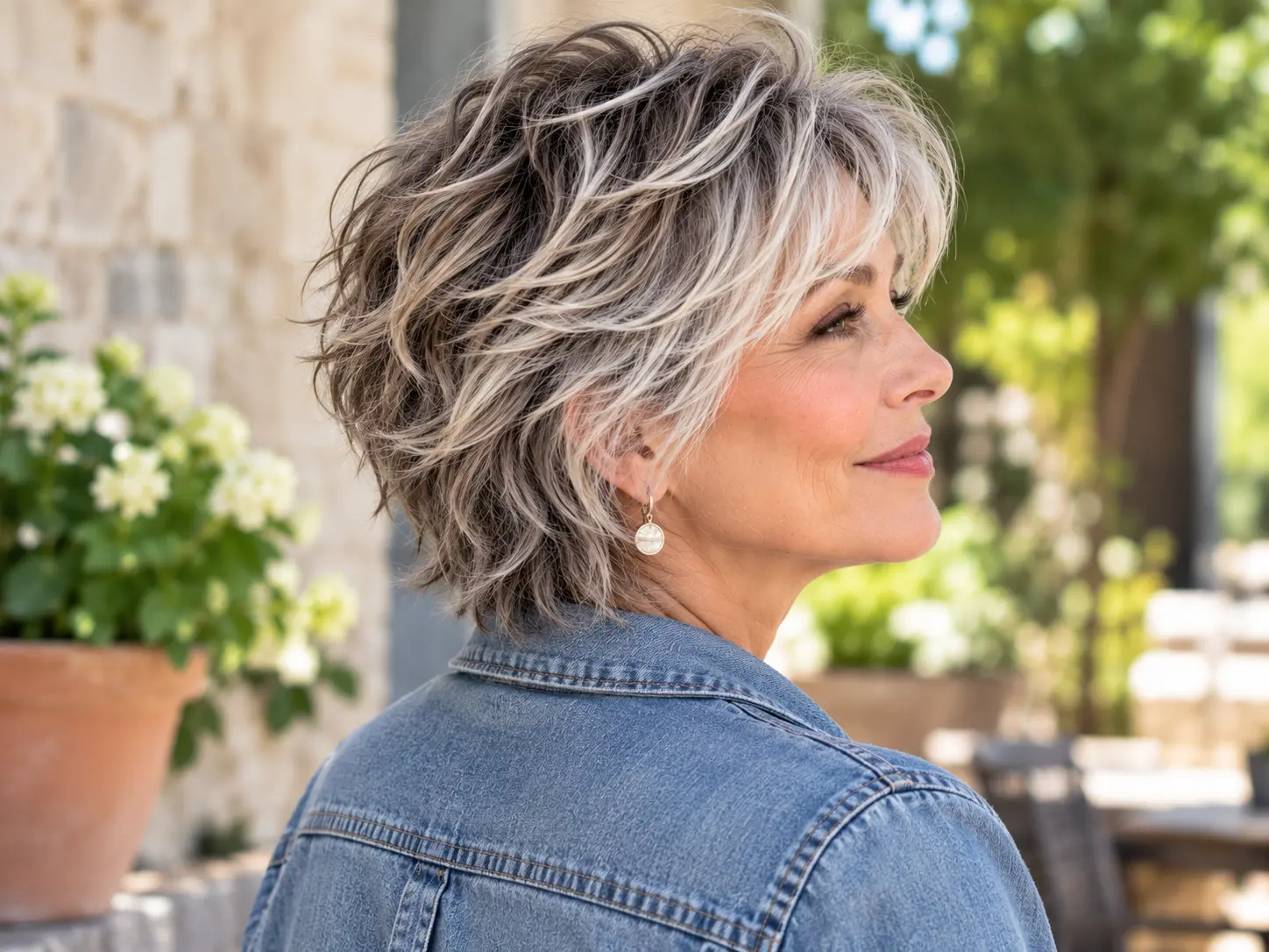 Soft layered shag haircut designed to preserve fullness in fine hair for a woman over 50