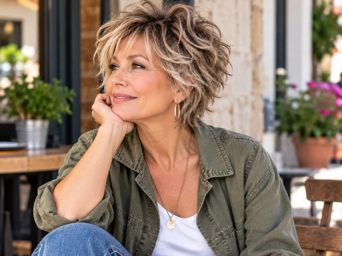 Wavy shag haircut idea for naturally silver hair on a woman over 50