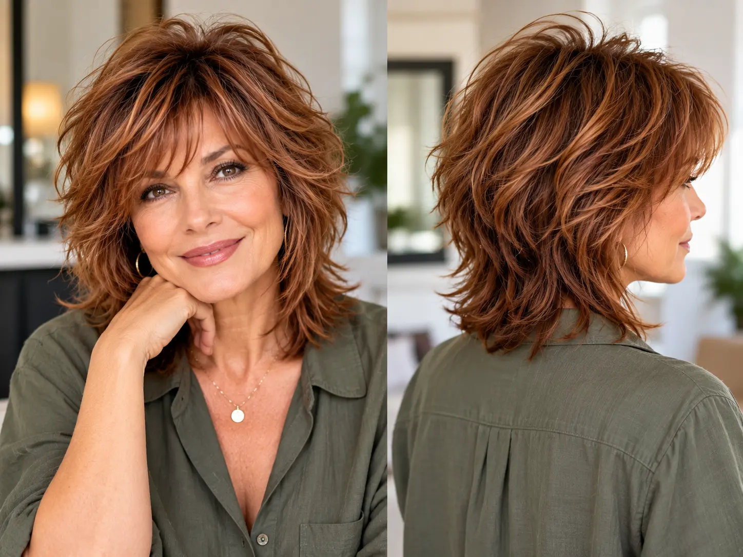Shaggy long bob with soft layers and textured movement for a woman over 50