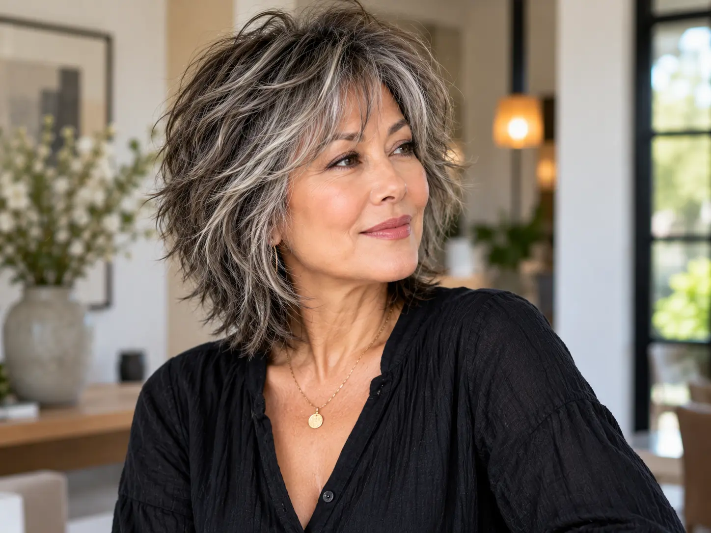 Modern shag haircut with light wispy bangs for a woman over 50