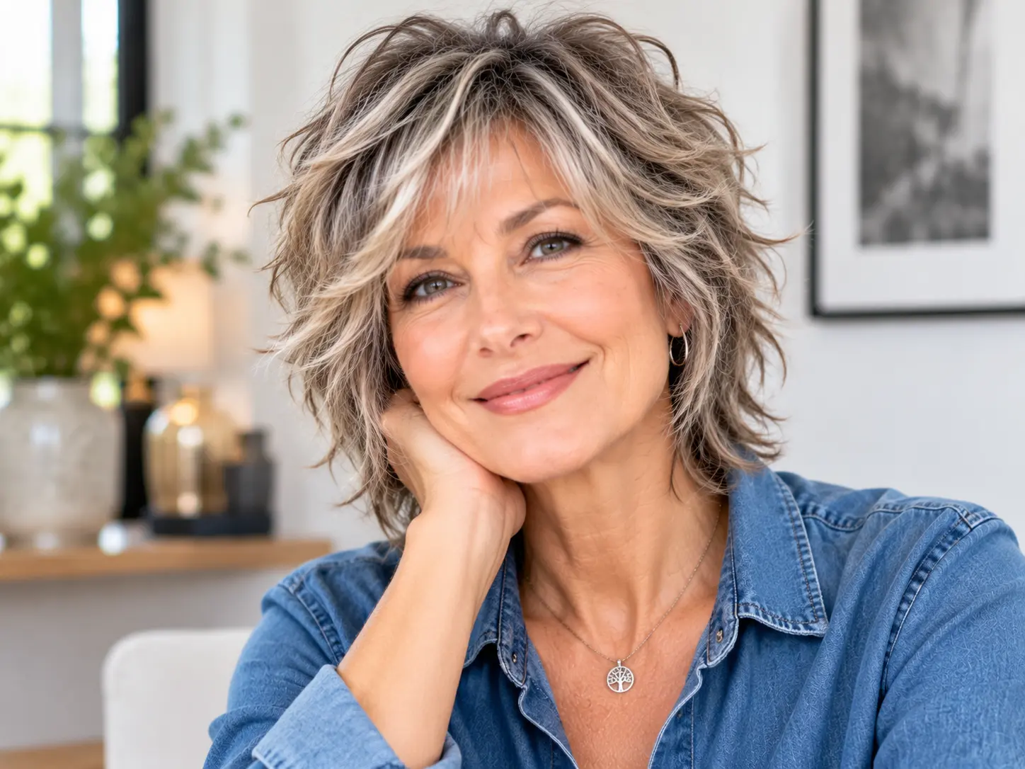 Curly modern shag haircut shaped to work with natural curl texture for a woman over 50