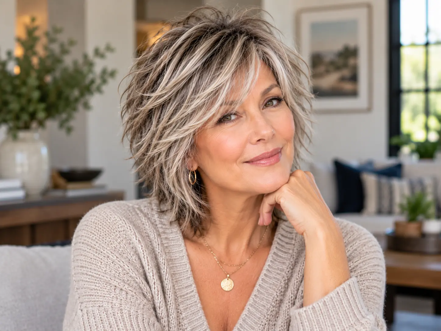 Modern shag haircut styled with a side part for a woman over 50