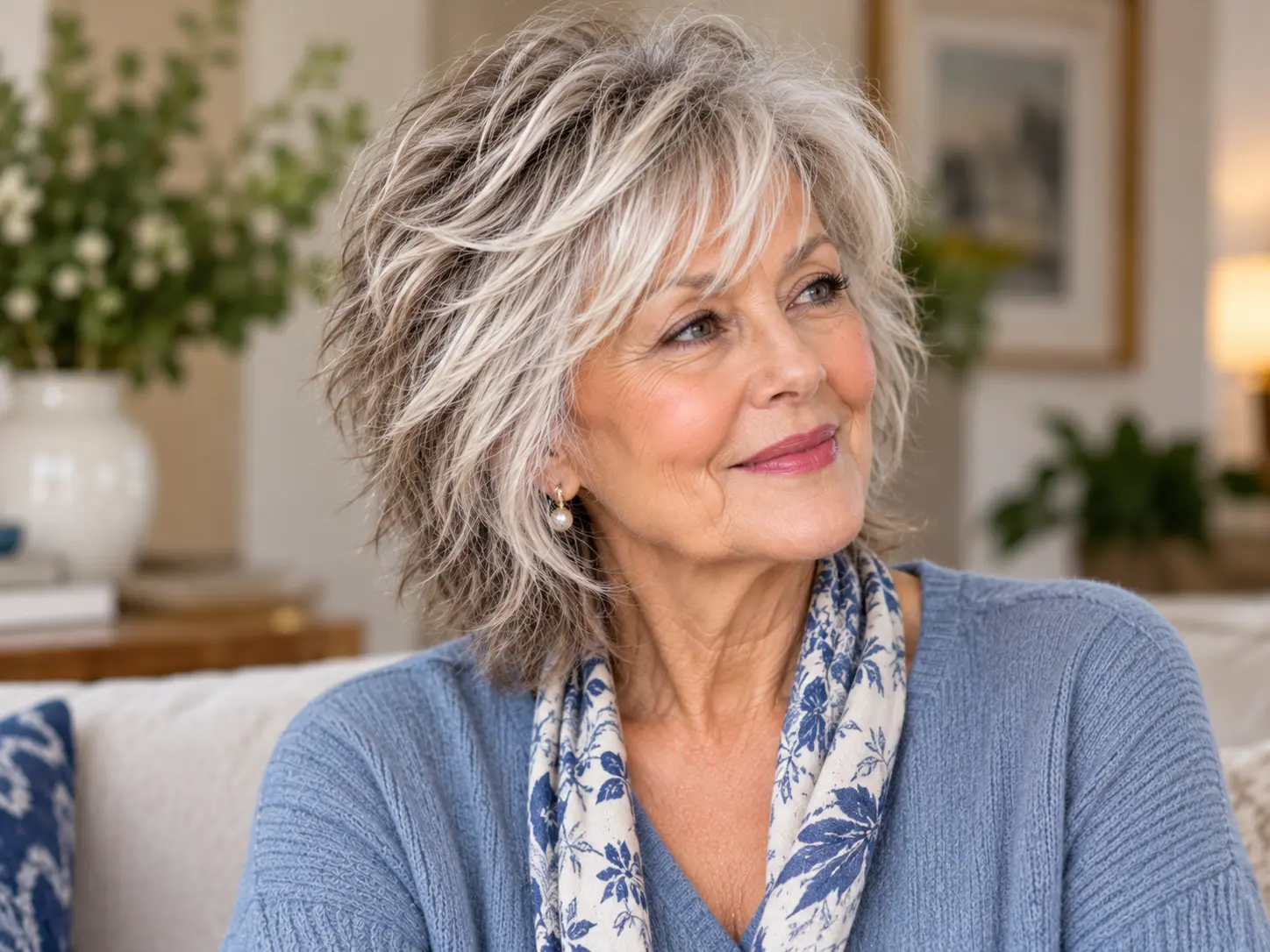 Polished modern shag haircut with blended layers and smooth ends for a woman over 50