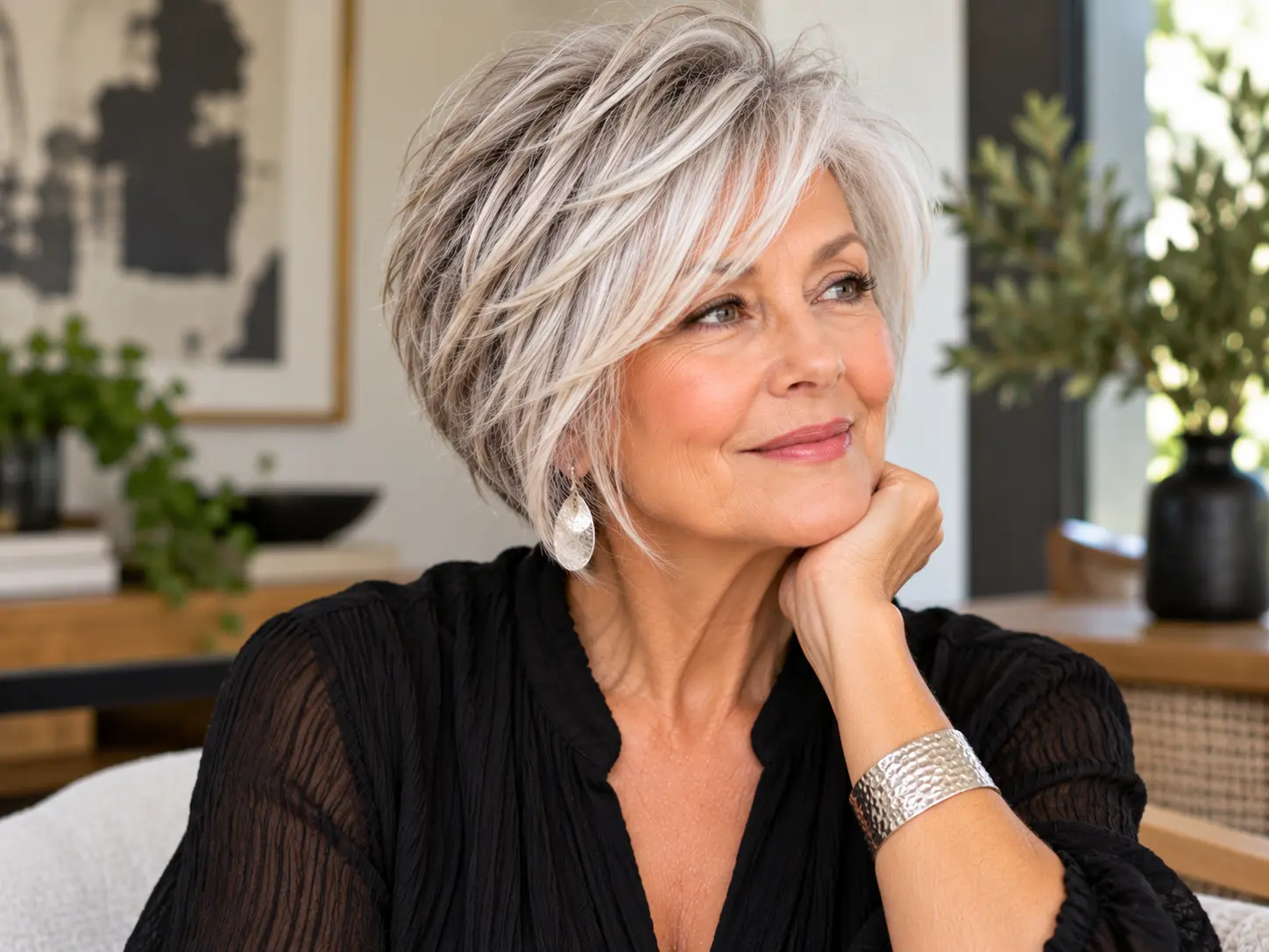 Short textured shag haircut with crown lift for a woman over 50