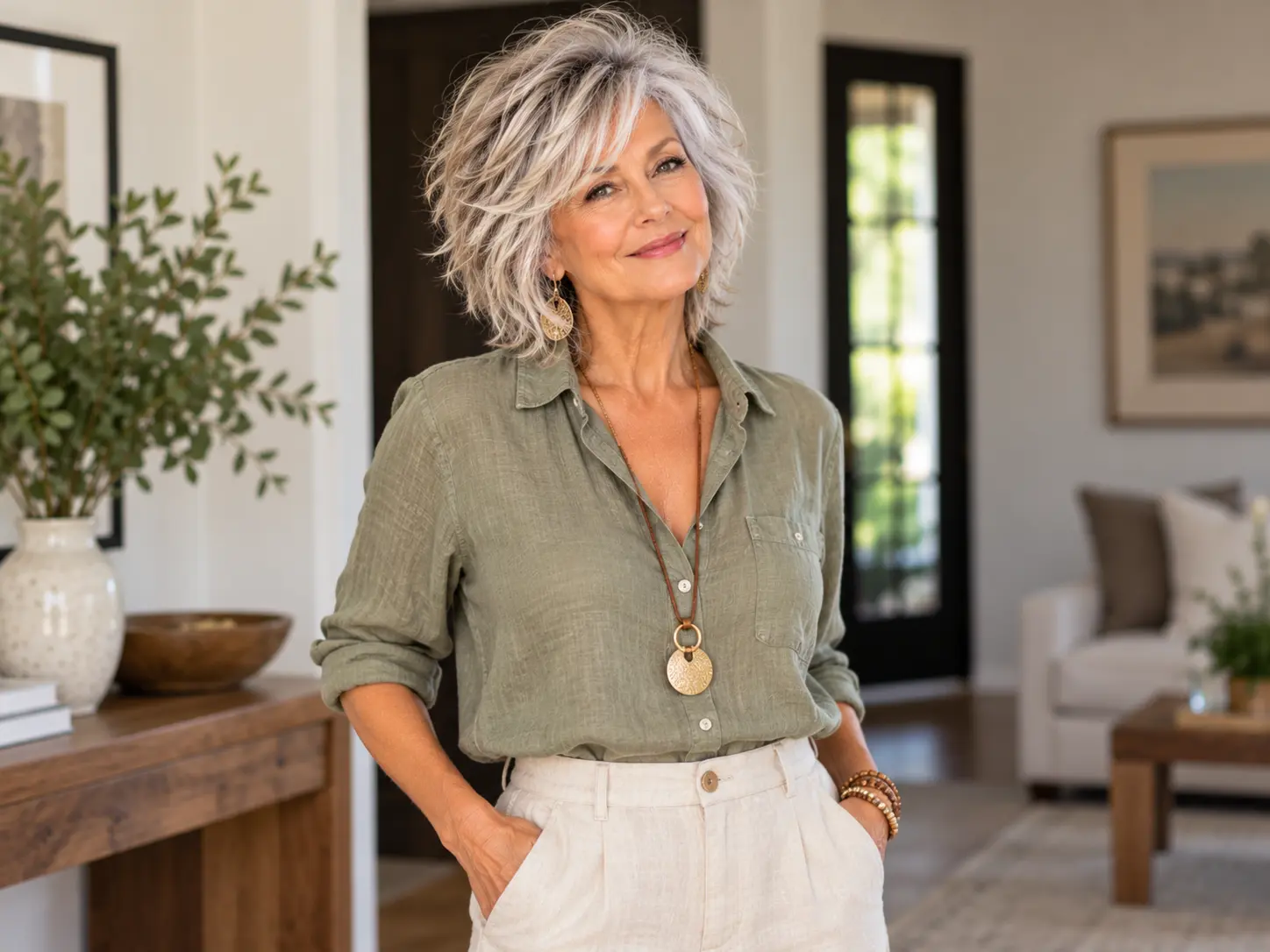 Modern shag haircut with a long flexible fringe for a woman over 50
