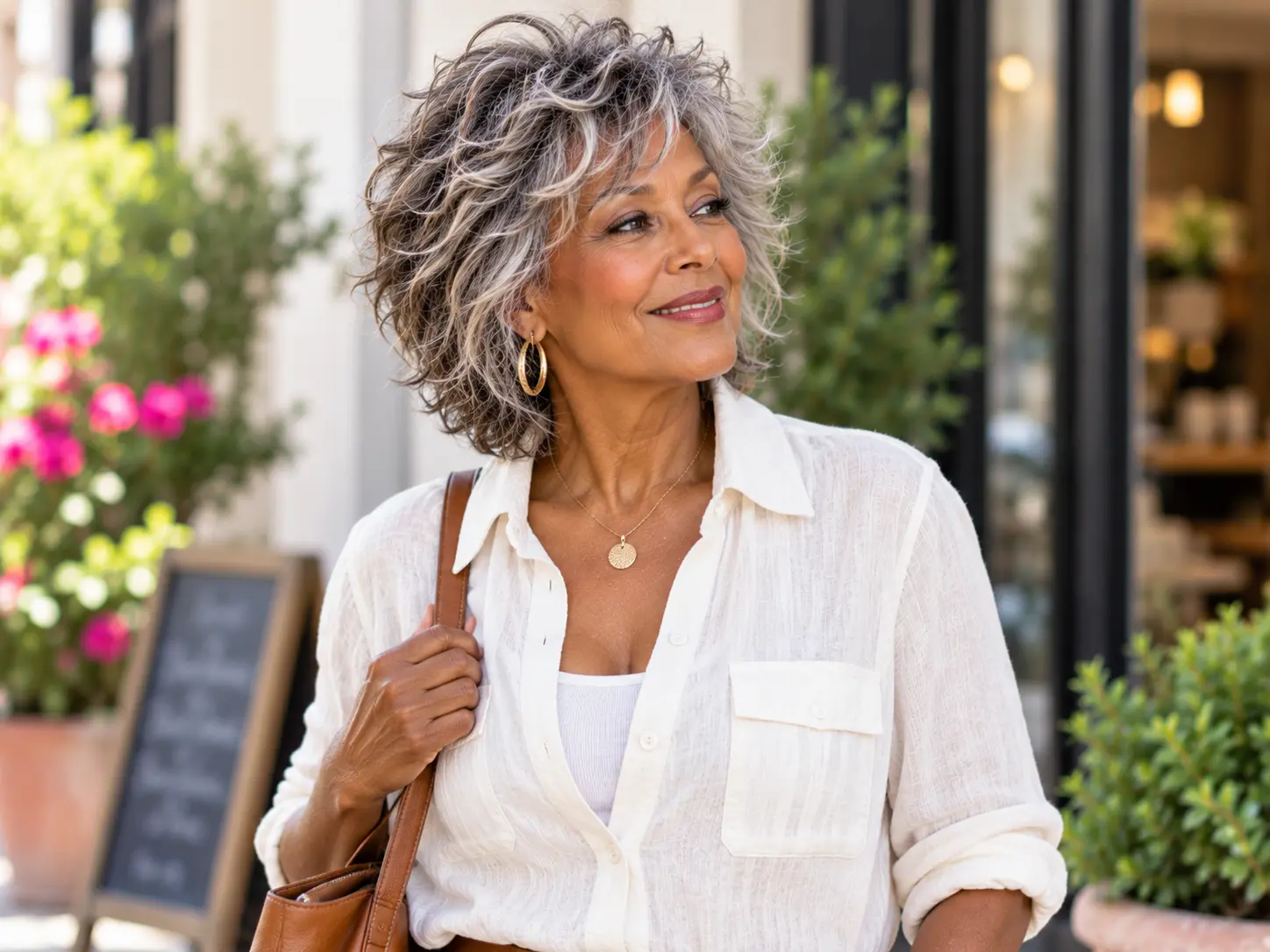 Modern shag haircut with precise soft layers for straight hair on a woman over 50