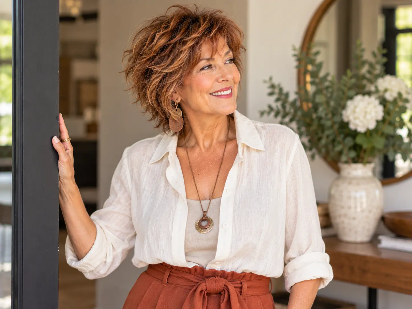 Soft modern shag haircut with subtle dimensional color for a woman over 50