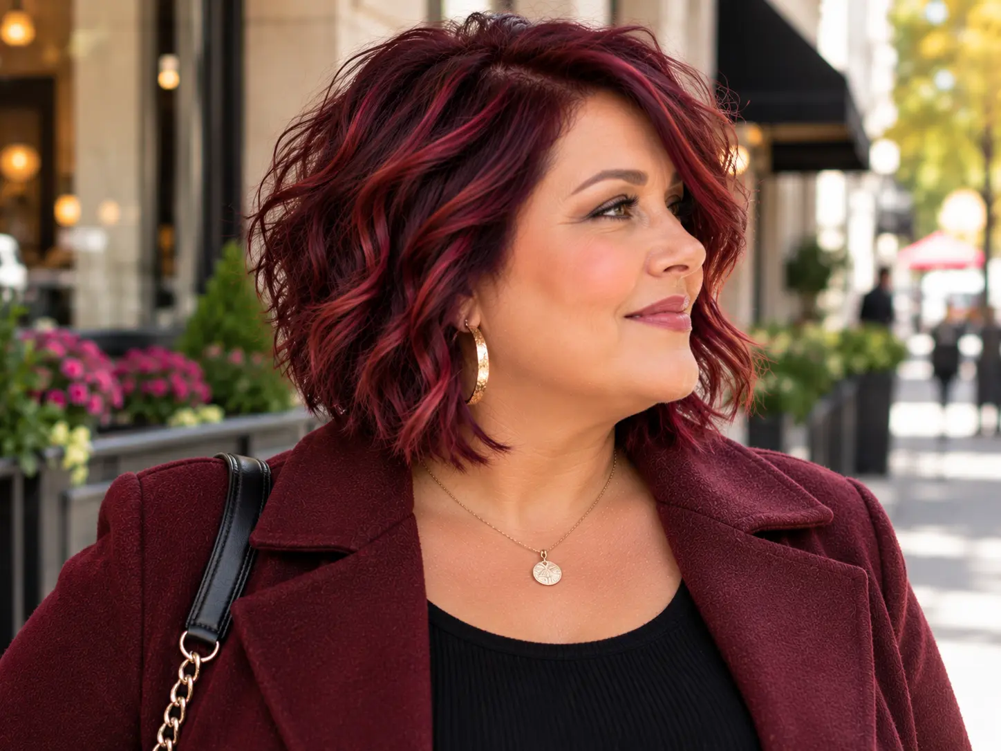 Cherry cola hair color on an asymmetrical wavy bob
