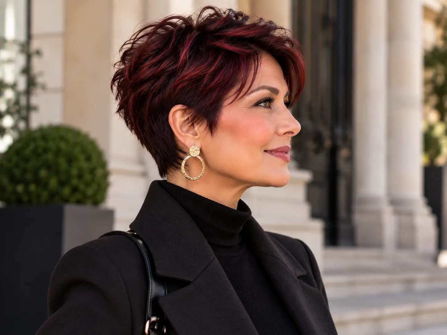 Cherry cola hair color on a dark textured pixie cut