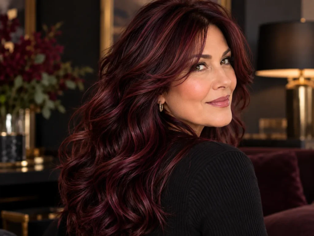 Cherry cola hair color with deep plum tones on long waves