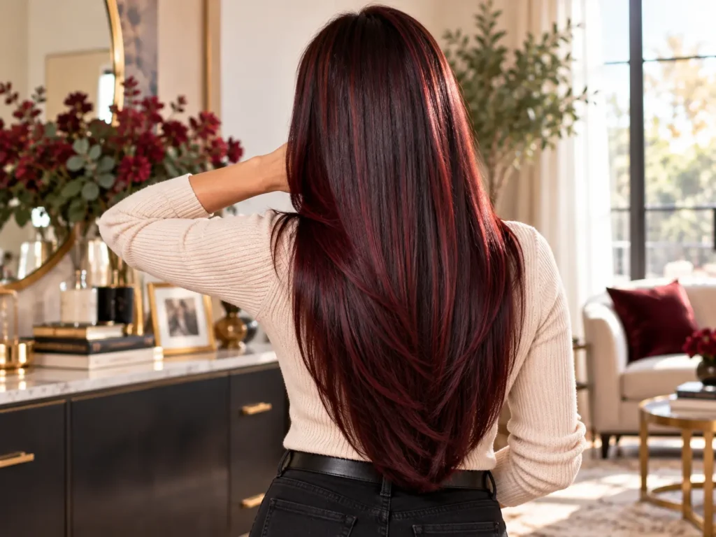 Cherry cola hair color on long straight hair with rich red tones