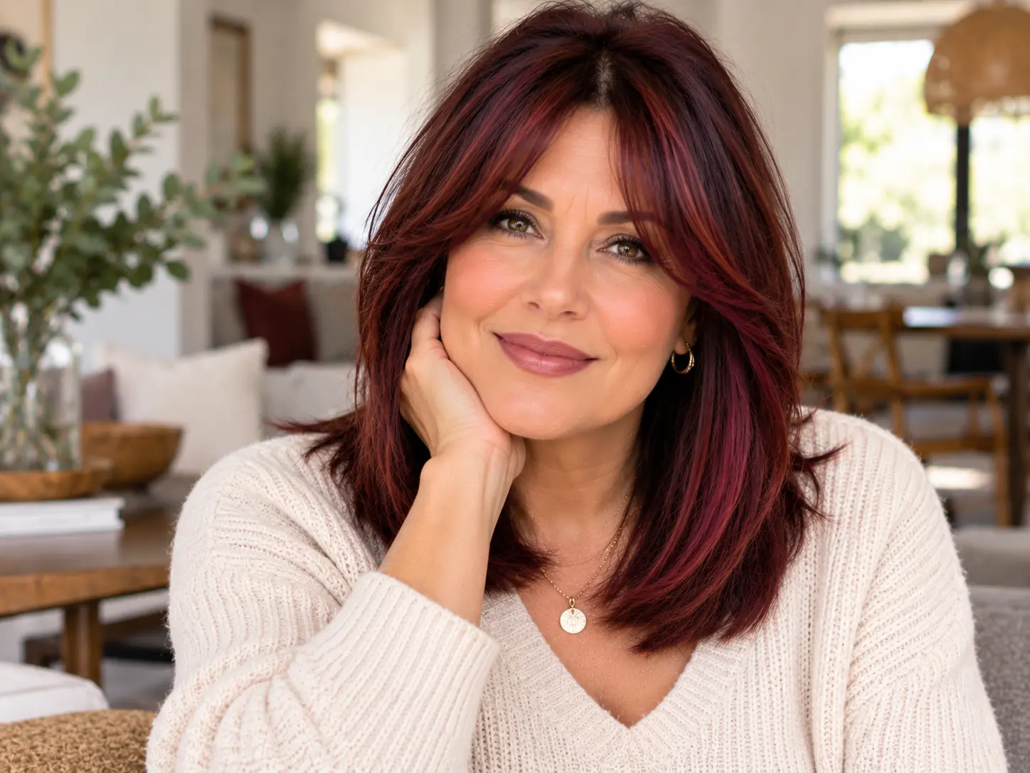 Cherry cola hair color on medium-length hair with curtain bangs