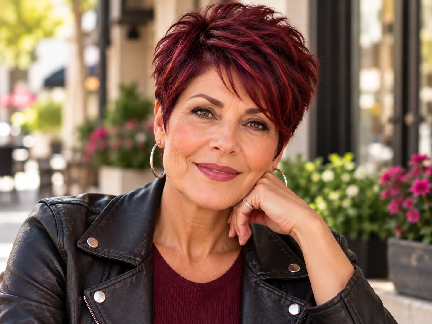 Cherry cola hair color on a short pixie haircut