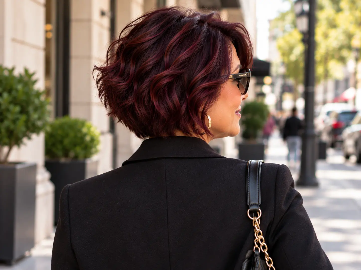 Cherry cola hair color on a short wavy bob