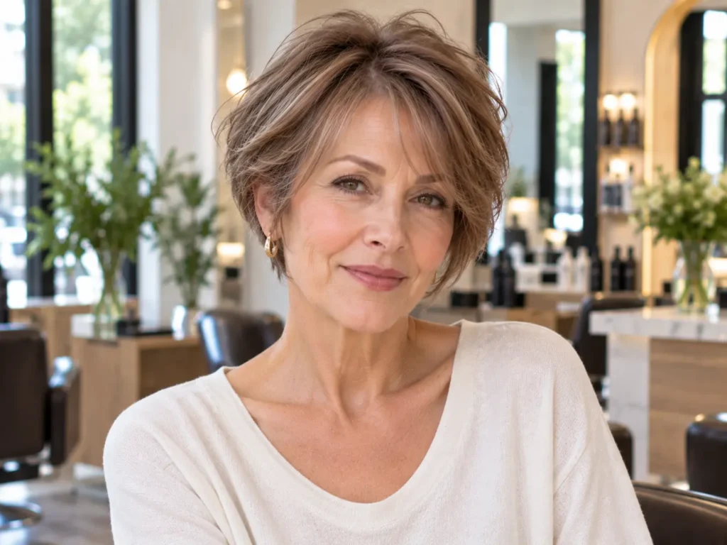 Airy bixie haircut with light crown volume for fine hair, modern bixie haircuts for women over 50