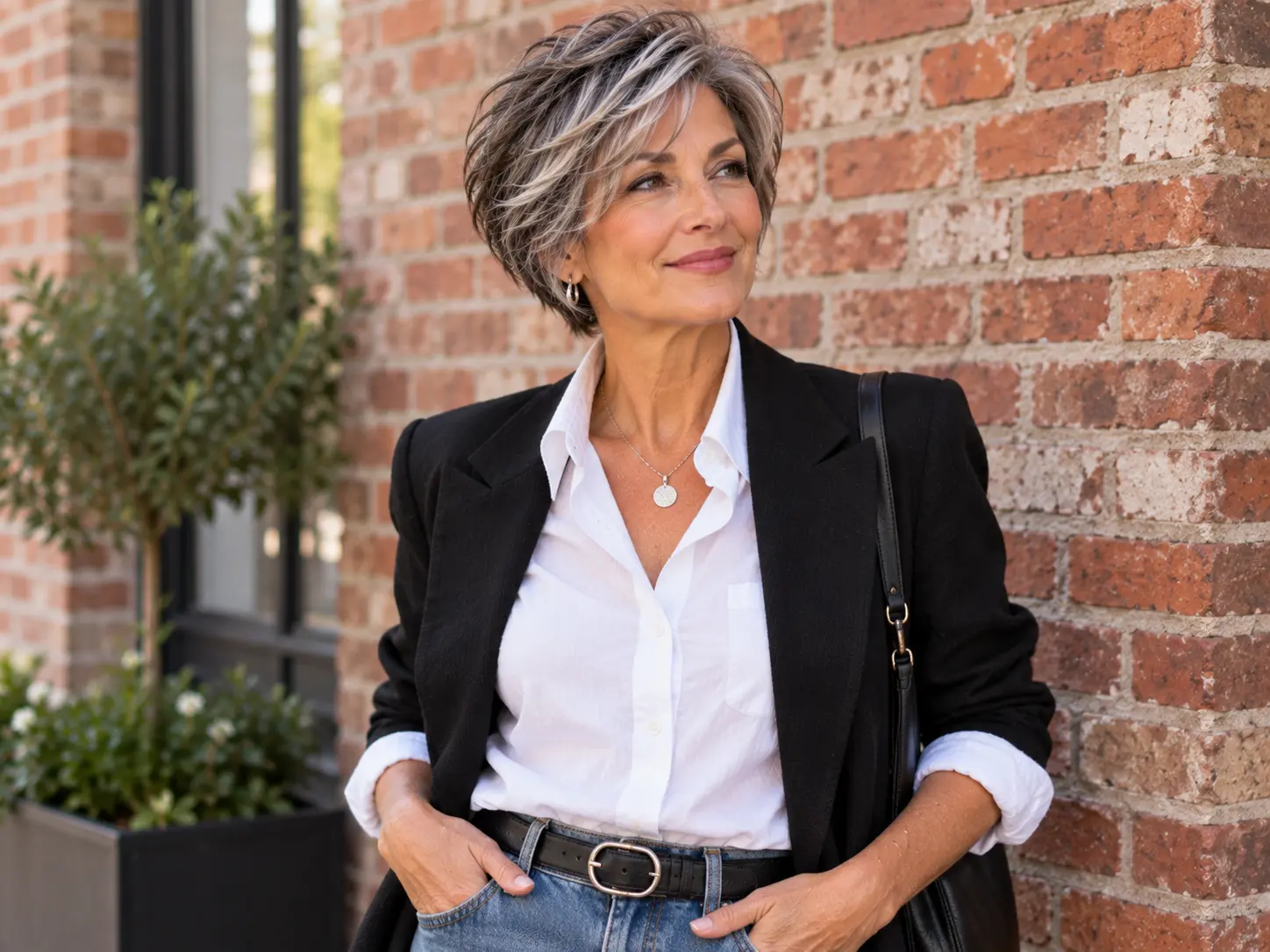 Textured salt-and-pepper bixie haircut with a soft outline